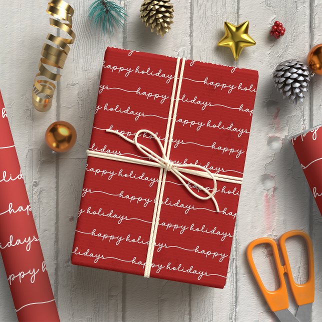 Papel De Presente Feriados Felizes de Script Vermelho e Branco Moder (Criador carregado)