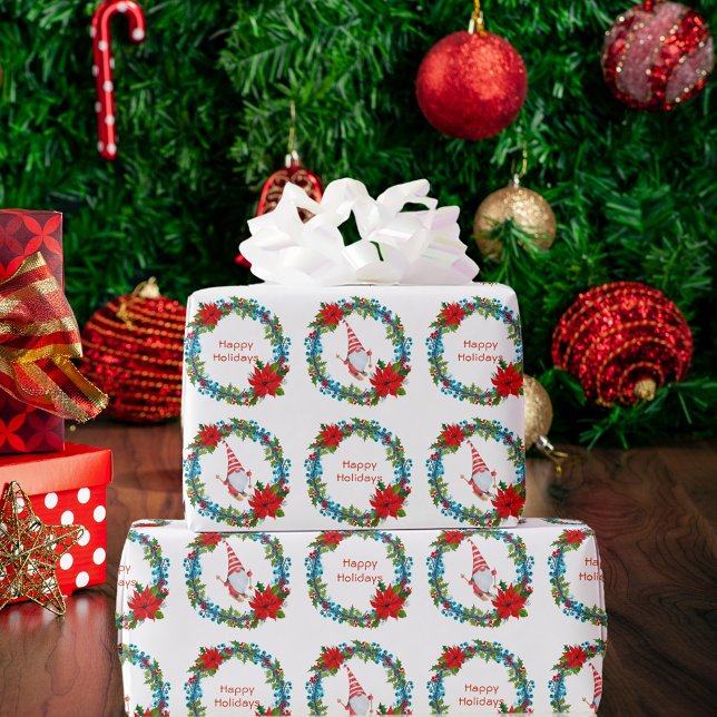 Papel De Presente Feriados Felizes do Skier de Natal Nórdico (Nordic Gnome Skier Christmas Wreath Happy Holidays Wrapping Paper)