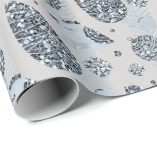 Papel De Presente Feriados felizes Feriados Azuis Silver Gliter Bola