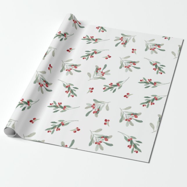 Papel De Presente Férias de Inverno Aquarela Bagas Botânico (Desenrolado)