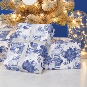 Papel De Presente Férias de Natal Blue Winter Stockings Poinsettia
