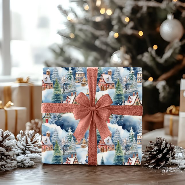 Papel De Presente Férias de Natal da Vila Bávara de inverno de neve (Snowy Winter Wonderland Bavarian Village Landscape Christmas Holiday Blue | Multi Wrapping Paper)