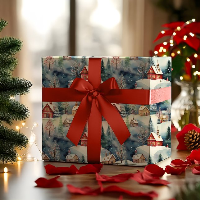 Papel De Presente Férias de Natal da Vila Suíça da Neve Winter (Snowy Winter Wonderland Swiss Village Landscape Christmas Holiday Multi-Colored Hygge Wrapping Paper)