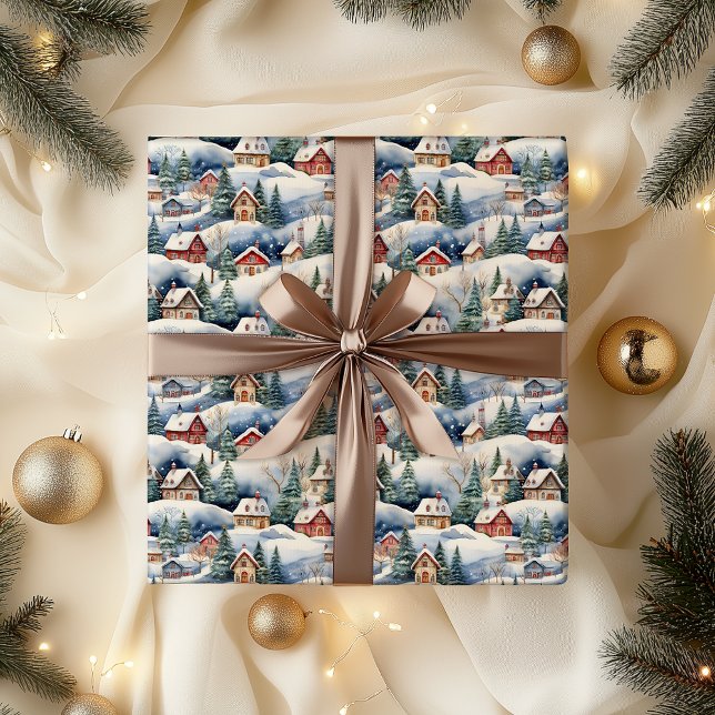 Papel De Presente Férias de Natal da Vila Suíça da Neve Winter (Snowy Winter Wonderland Swiss Village Landscape Christmas Holiday Hygge Wrapping Paper)