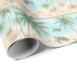 Papel De Presente Férias de Verão Praia Tropical Tartarugas Marinhas