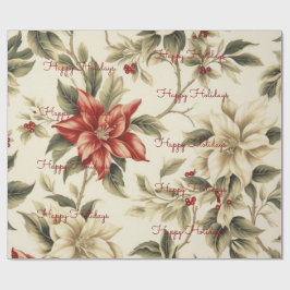 Papel De Presente Férias Felizes Floral Branco Carmesim Natal