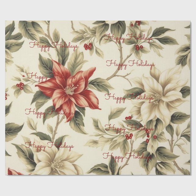 Papel De Presente Férias Felizes Floral Branco Carmesim Natal  (Aberto)
