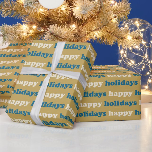 Papel De Presente Férias Felizes | Padrão de Texto Azul e Dourado Fo (Feriados)