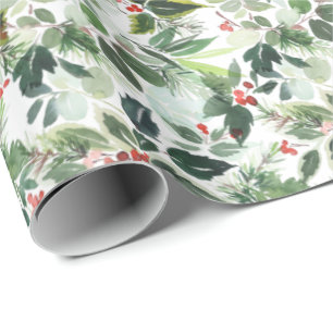 Papel De Presente FesNatal Aquarela Foliage Holly Berry