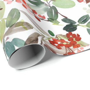 Papel De Presente FesNatal Aquarela Foliage Holly Berry