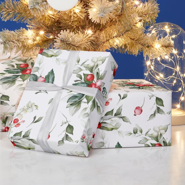 Papel De Presente FesNatal Aquarela Foliage Holly Berry (Feriados)