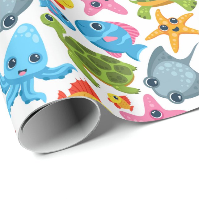 Papel De Presente Festa com padrão de animais marinhos fofos (Ponta do rolo)