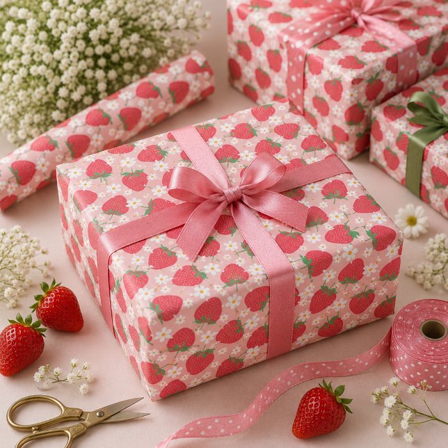 Papel De Presente Festa de 1º Aniversário Berry Sweet Morango (Berry Sweet Strawberry 1st Birthday Party Wrapping Paper)