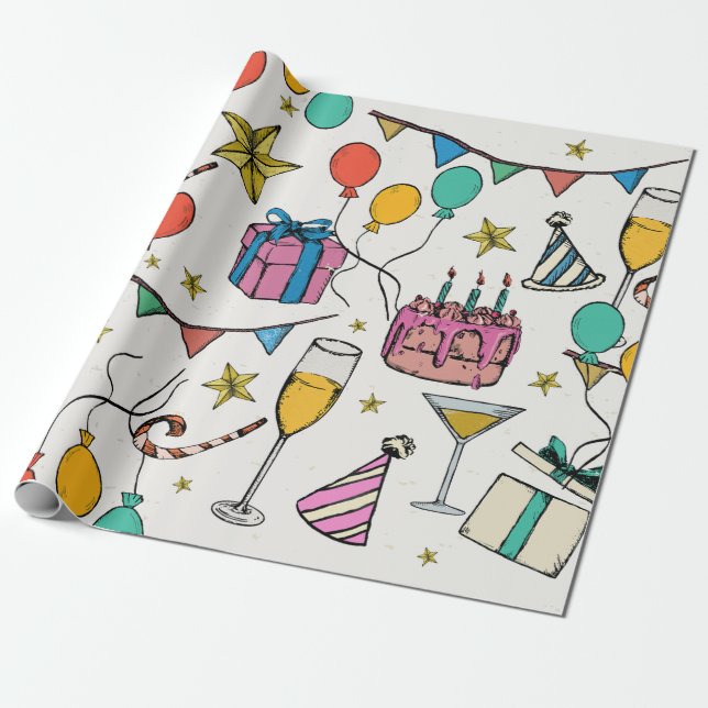 Papel De Presente festa de aniversário balões bolo champanhe (Desenrolado)