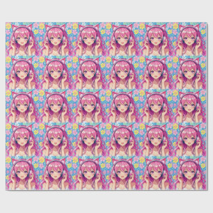 Papel De Presente Festa de Aniversário da Garota Anime Rosa Bonita