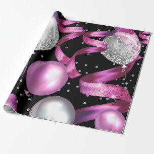 Papel De Presente Festa de Aniversário de 16 Anos Brilho Rosa Preto 