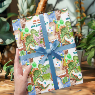 Papel De Presente Festa de Aniversário de 3 anos do Dinossauro Menin