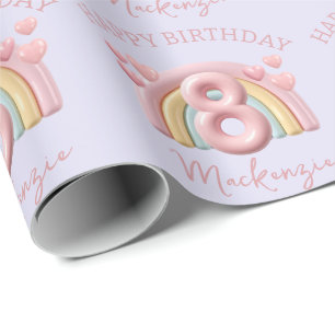 Papel De Presente Festa de Aniversário de 8 Anos em 3D Arco-Íris par