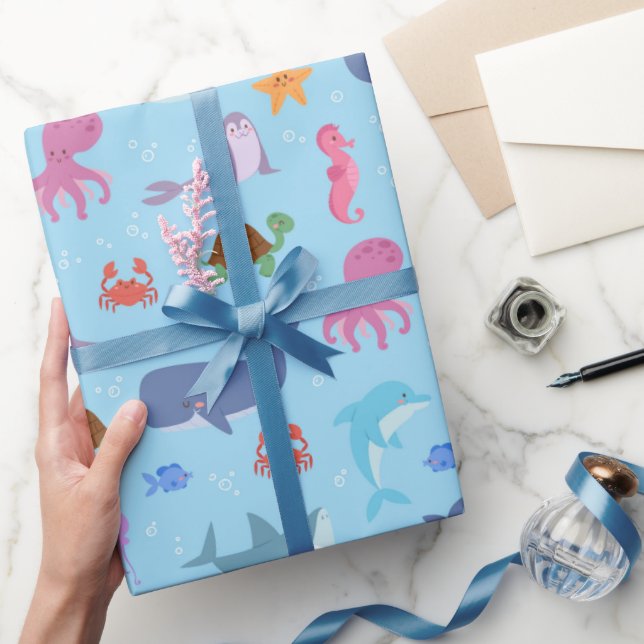 Papel De Presente Festa de aniversário de animais marinhos (Presentear)