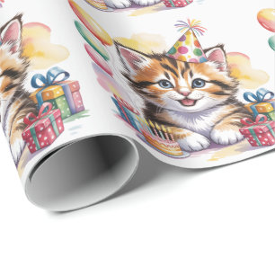 Papel De Presente Festa de Aniversário de Aquarela de Gatinho Fofo