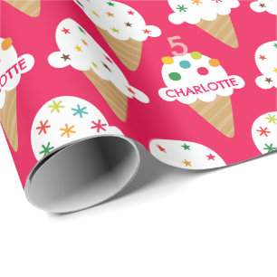Papel De Presente Festa de Aniversário de Cone de Sorvete Rosa Brilh