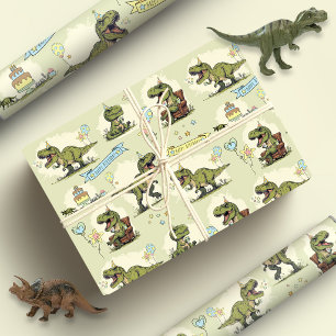 Papel De Presente Festa de Aniversário de Menino com T Rex Dinossaur