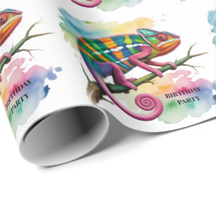 Papel De Presente Festa de Aniversário do Camaleão Colorido em Aquar