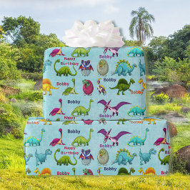 Papel De Presente Festa de aniversário do dinossauro - Adicionar nom