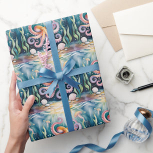 Papel De Presente Festa de Aniversário Infantil de Polvo em Aquarela