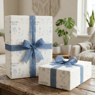 Papel De Presente Festa de Aniversário Minimalista Azul Feliz Aniver