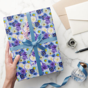 Papel De Presente Festa de Chá de Noiva com Colagem Floral Azul e Br