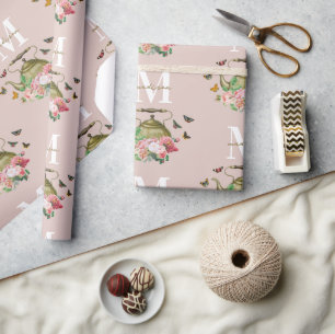 Papel De Presente Festa de Chás em Rosa Floral & Borboletas Monogram