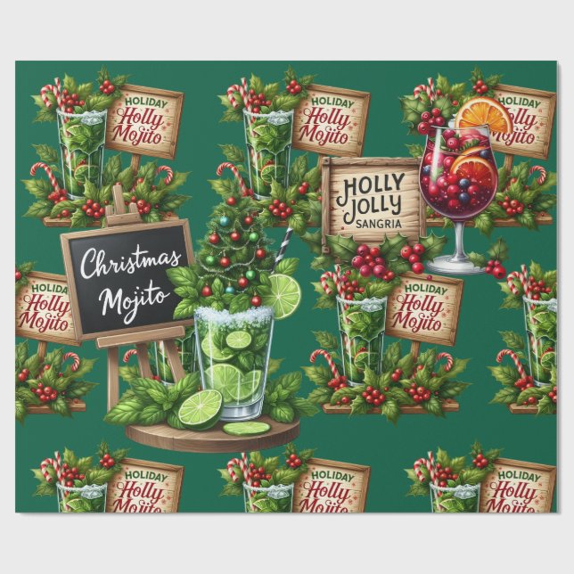 Papel De Presente Festa de Natal com Coquetéis em Verde (Aberto)