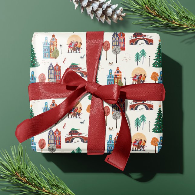 Papel De Presente Festa de Natal da Cidade de Inverno (Winter City Holiday Christmas Party Wrapping Paper)