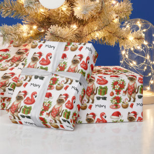 Papel De Presente Festa de Natal de Verão de Gato Julho Piscina