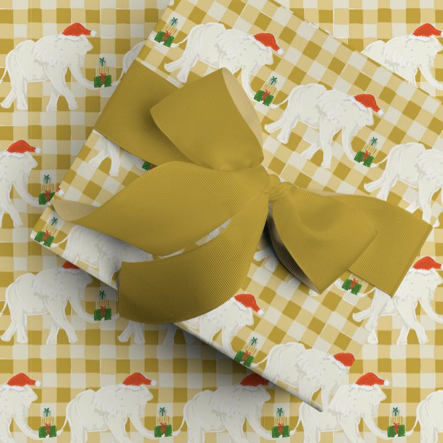 Papel De Presente Festa de Natal do Elefante Branco com Xadrez Amare (Yellow Checkered White Elephant Christmas Party Wrapping Paper)
