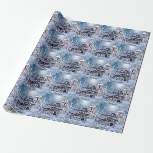 Papel De Presente Festa de Natal Inverno Branco Boneco de Neve Azul  (Desenrolado)