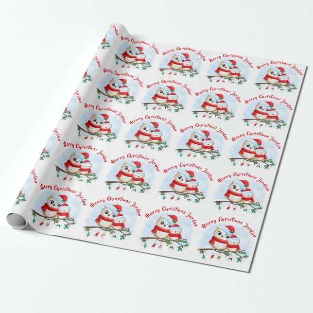 Papel De Presente Festa de Natal Personalizada Coruja Santa Hat (Desenrolado)