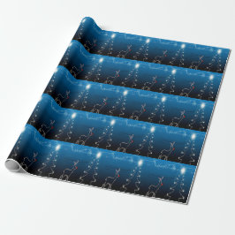 Papel De Presente Festa de Natal Rena Árvore Céu Azul Estrelas Brilh