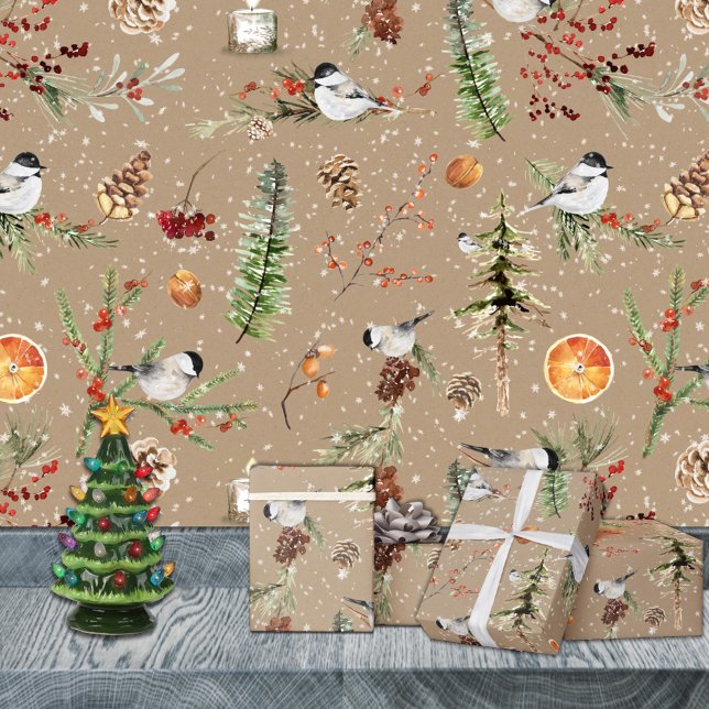 Papel De Presente Festa de Natal Rustic Kraft Black Boné Chickadee (Rustic Kraft Black Cap Chickadee Christmas Party Holiday Wrapping Paper Rolls)
