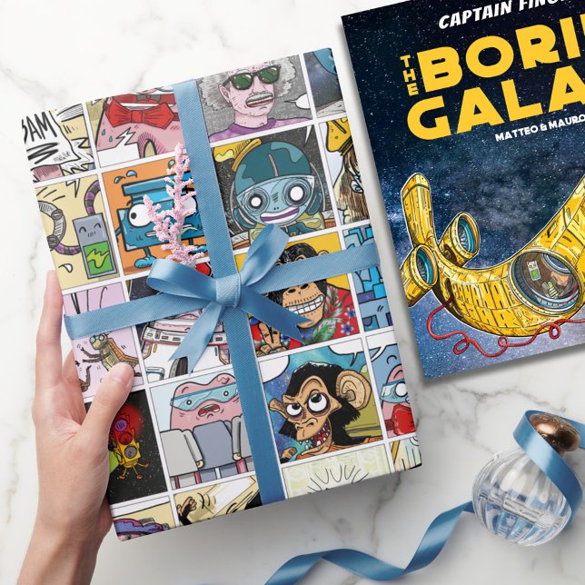 Papel De Presente Festa de Padrão de Grade de Caracteres de Divertim (Comic Colorful Fun Characters Grid Pattern Party Wrapping Paper)