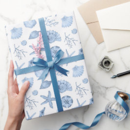 Papel De Presente Festa de Seashells Blue Watercolor