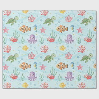 Papel De Presente Festa Debaixo do Mar Criaturas Coloridas do Oceano