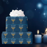 Papel De Presente Festa Dourada de Menorah Hanukkah de Amor e Azul C<br><div class="desc">Um belo e personalizado papel de embrulho para Hanukkah para uma família judia tendo uma festa Chanukah com uma sinagoga. Personalize com seu próprio sobrenome ou informações de grupo em azul sob a bonito menorah azul e dourada.</div>