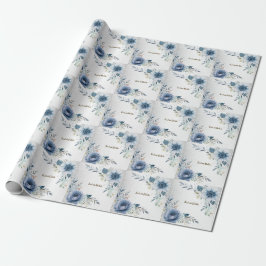 Papel De Presente Festa Flores Aquarela Azul Empoeirado Prata Elegan