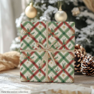 Papel De Presente Festa verde e vermelho xadrez aguarela natal