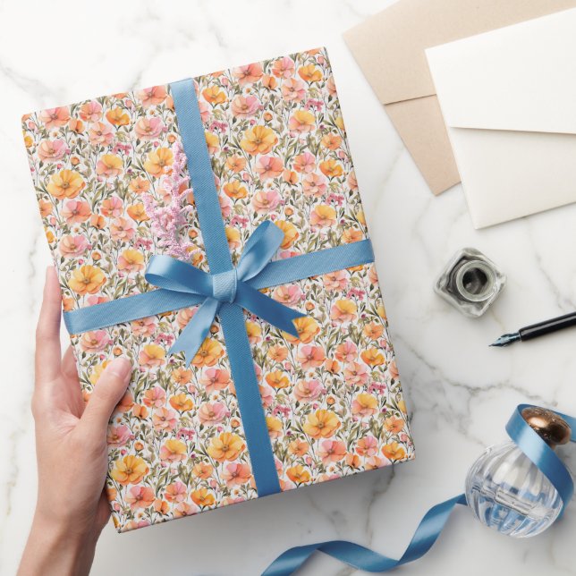 Papel De Presente Festas de Noivado de Bebê Flores Silvestres Laranj (Presentear)