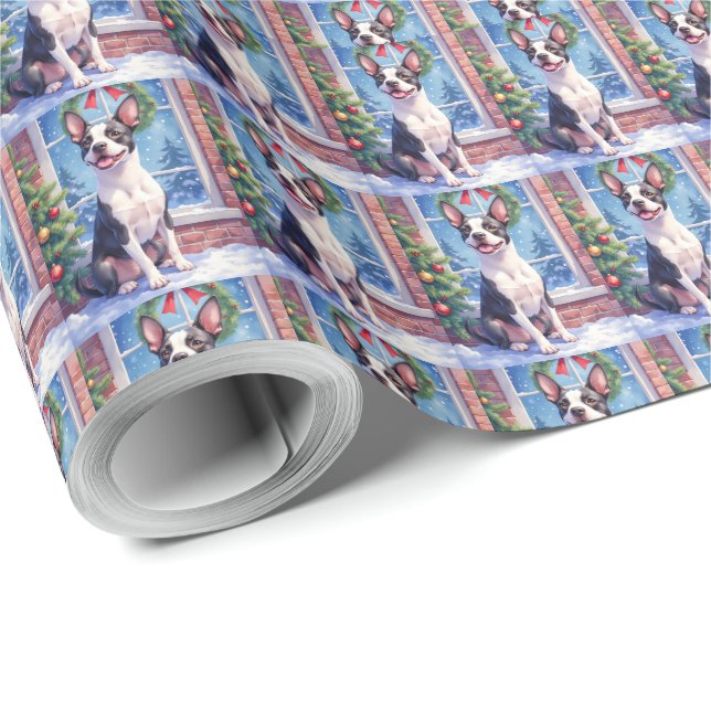 Papel De Presente Festive Boston Terrier Christmas Art (Ponta do rolo)