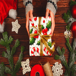 Papel De Presente Festive Candy Cane & Holly Christmas Wrapping Pape