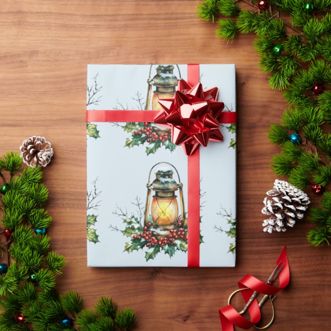 Papel De Presente Festive Lantern Nestled in Holly – Seasonal Glow  (Presente de Natal)